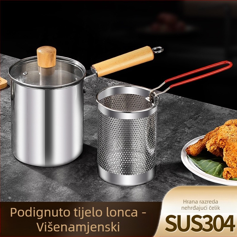 Nehrđajući čelik fritura s filtrom i drškom od drveta, duboka posuda s poklopcem od kaljenog stakla, kapacitet 2,8–3 L, višenamjenska za kuhanje tjestenine i mlijeka, prženje ražnjića