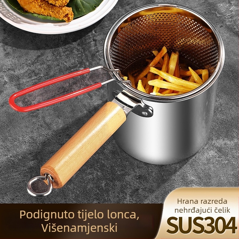 Nehrđajući čelik fritura s filtrom i drškom od drveta, duboka posuda s poklopcem od kaljenog stakla, kapacitet 2,8–3 L, višenamjenska za kuhanje tjestenine i mlijeka, prženje ražnjića