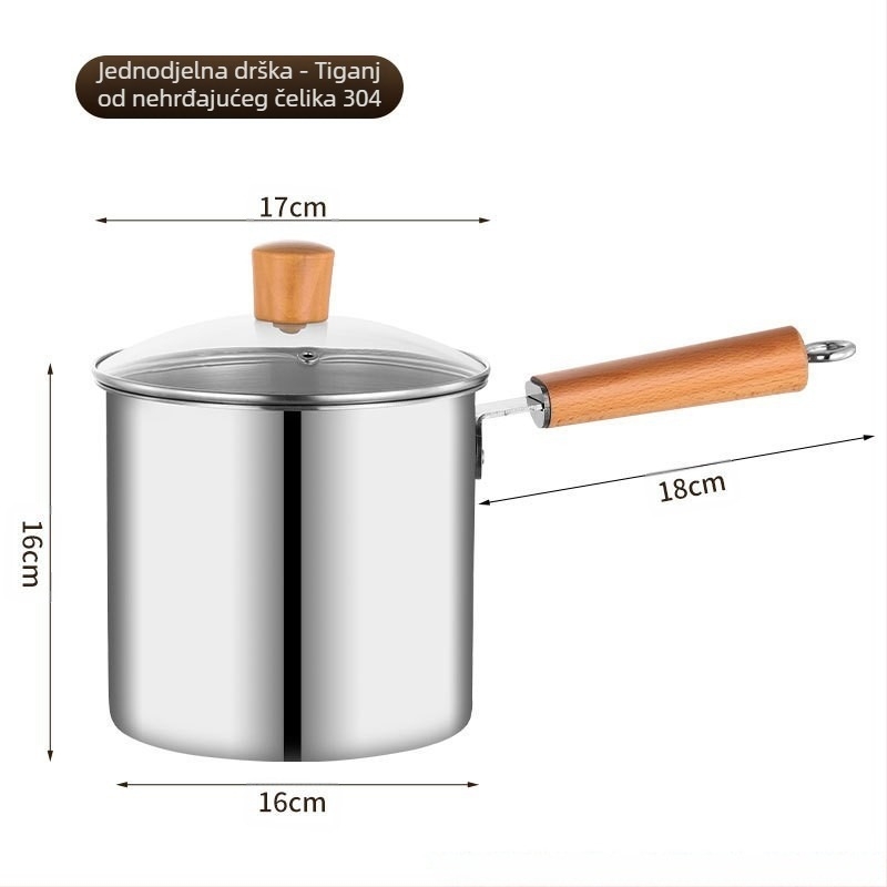 Nehrđajući čelik fritura s filtrom i drškom od drveta, duboka posuda s poklopcem od kaljenog stakla, kapacitet 2,8–3 L, višenamjenska za kuhanje tjestenine i mlijeka, prženje ražnjića