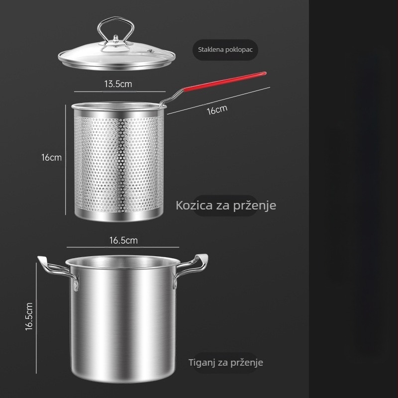 Nehrđajući čelik fritura s filtrom i drškom od drveta, duboka posuda s poklopcem od kaljenog stakla, kapacitet 2,8–3 L, višenamjenska za kuhanje tjestenine i mlijeka, prženje ražnjića