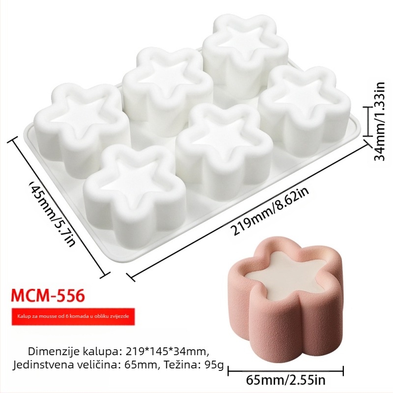 Silikonski kalup za mousse i čokoladu s 6 odjeljaka i raznolikim oblicima (zvjezdice, Rubikova kocka, srce); pogodan za fondant čokoladu, ručno izrađene sapune i mirisne svijeće.