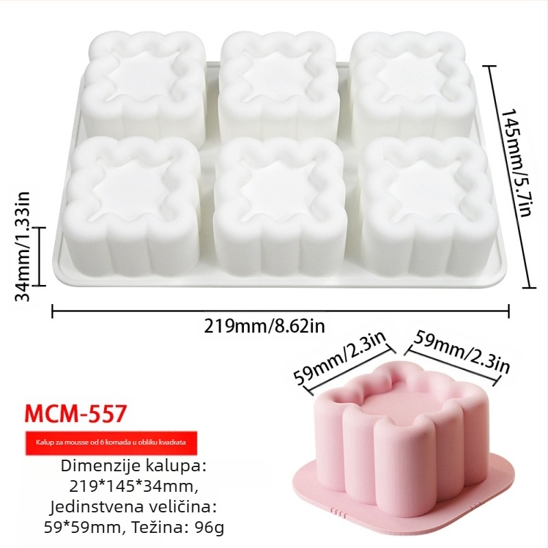 Silikonski kalup za mousse i čokoladu s 6 odjeljaka i raznolikim oblicima (zvjezdice, Rubikova kocka, srce); pogodan za fondant čokoladu, ručno izrađene sapune i mirisne svijeće.