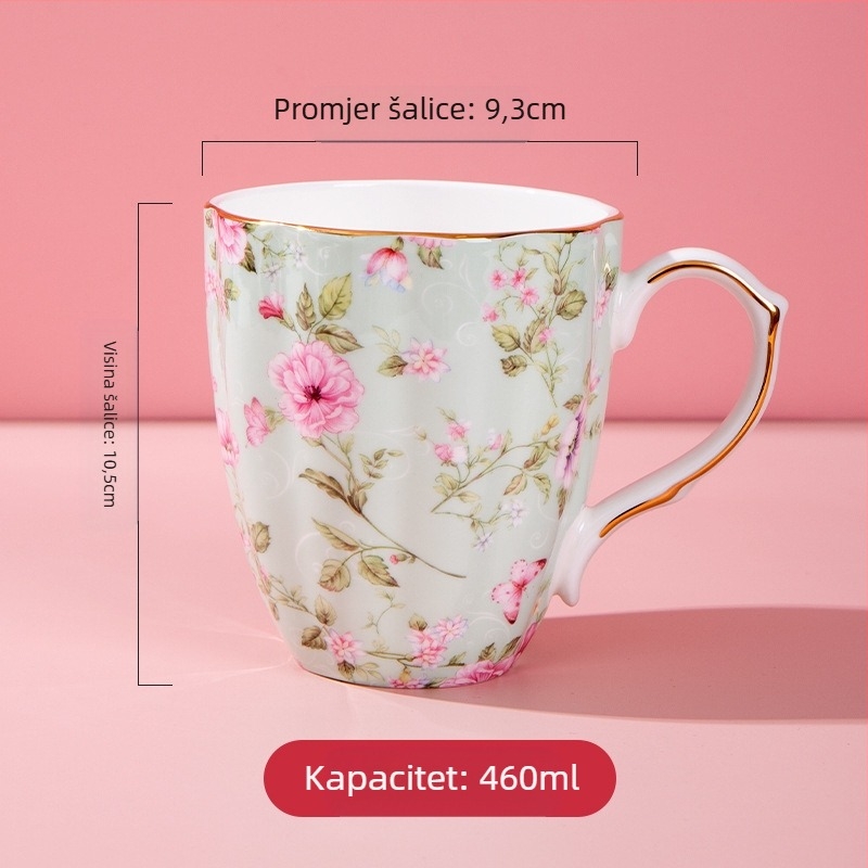 Šalica od kostnog porcelana s više od 36% praha kostiju, nepravilan oblik, cvjetni uzorak, visoka otpornost na temperaturu, mogućnost ispisa logotipa