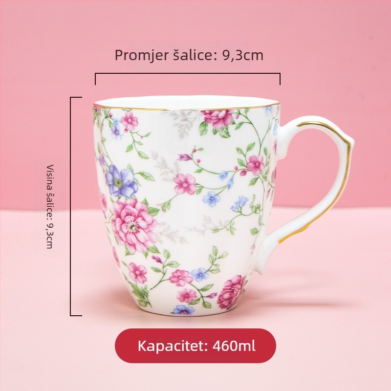 Šalica od kostnog porcelana s više od 36% praha kostiju, nepravilan oblik, cvjetni uzorak, visoka otpornost na temperaturu, mogućnost ispisa logotipa