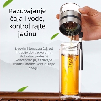 Staklena izolirana šalica za čaj s odjeljivanjem čaja i vode, s ručkom, prijenosna
