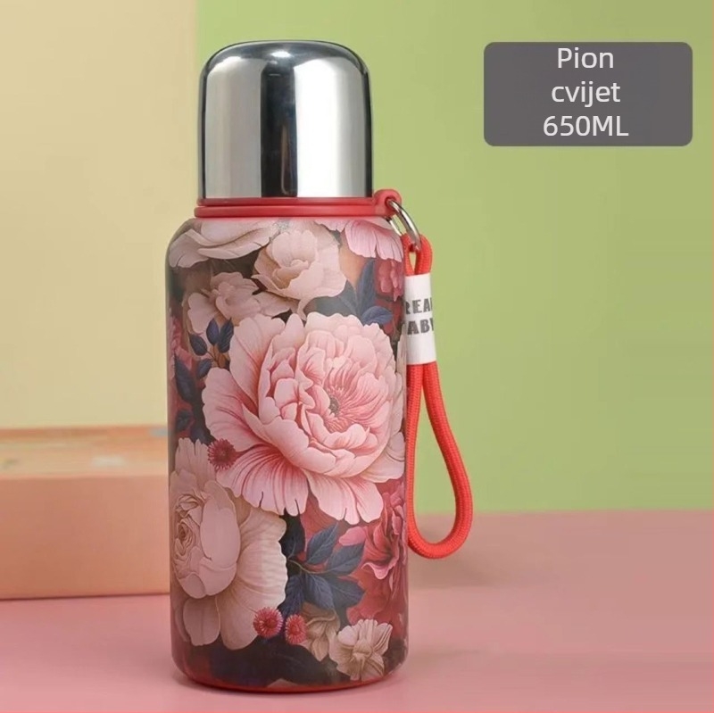 Termos šalica s ružom i božurima u kineskom stilu, retro dizajn, s remenom, unutarnji spremnik od 316 nehrđajućeg čelika, vanjski sloj od 201 nehrđajućeg čelika, izolacija 0–6 sati, prenosna, mogućnost tiskanja logotipa