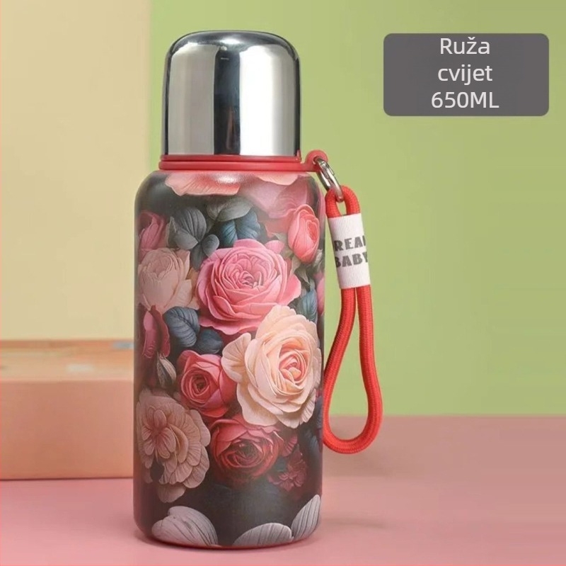 Termos šalica s ružom i božurima u kineskom stilu, retro dizajn, s remenom, unutarnji spremnik od 316 nehrđajućeg čelika, vanjski sloj od 201 nehrđajućeg čelika, izolacija 0–6 sati, prenosna, mogućnost tiskanja logotipa