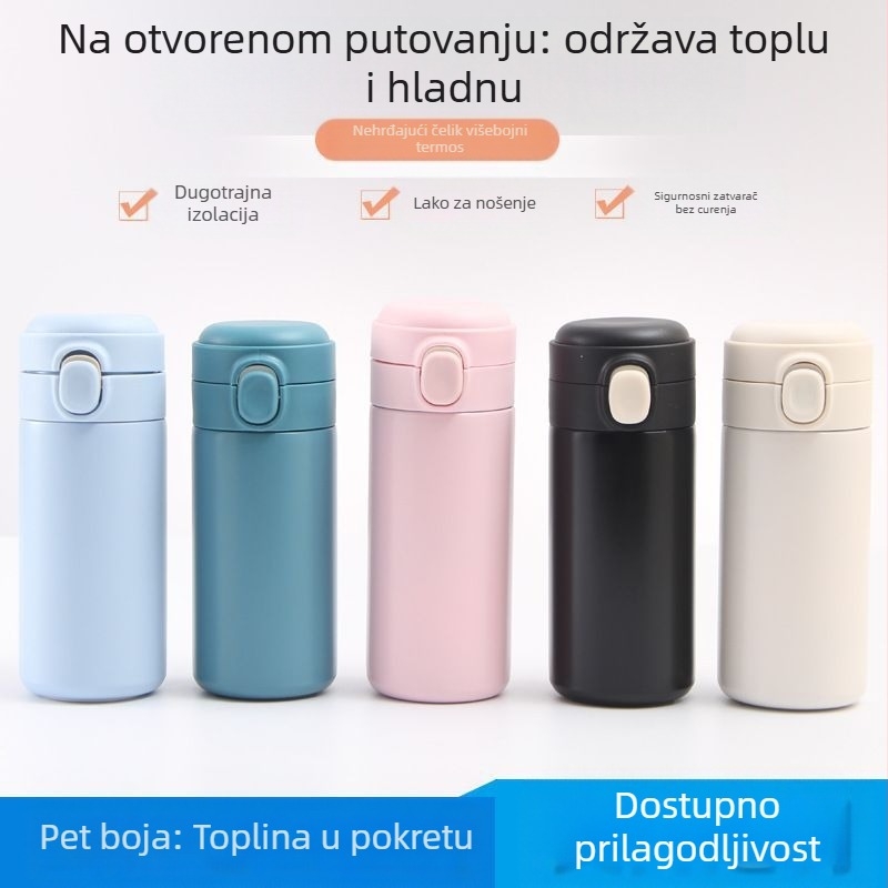 Staklena termos šalica s odskokom – unutarnja 304, vanjska 201, vakuumska izolacija 6–12 sati, prilagodljiv logo