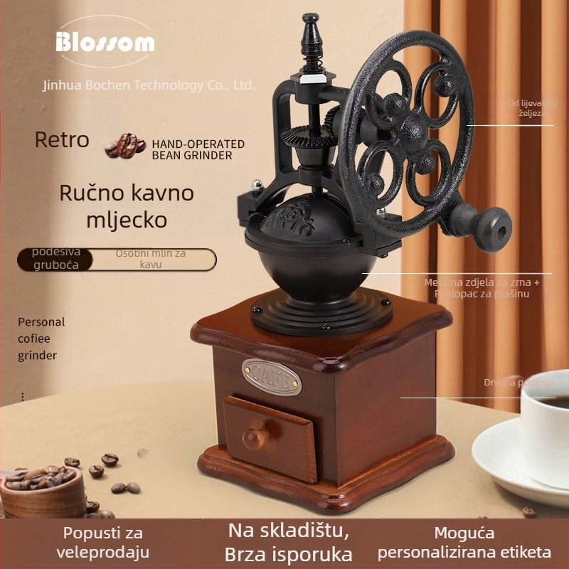 Bochen prijenosni ručni mljevač kave s OEM podrškom, tiskano logotipom, prilagodljiva prerada, stil laganog luksuza retro