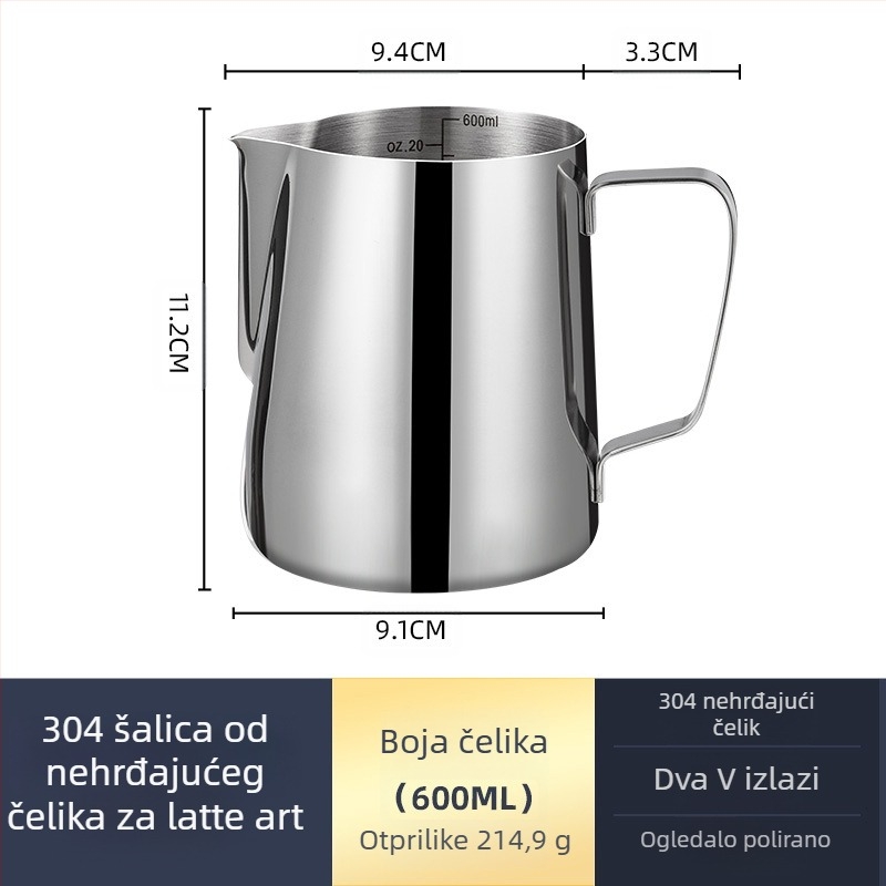Latte art čašica za mućenje mlijeka, nehrđajući čelik, moderni minimalistički stil, ručna izrada, pogodna za barove, kafiće i restorane
