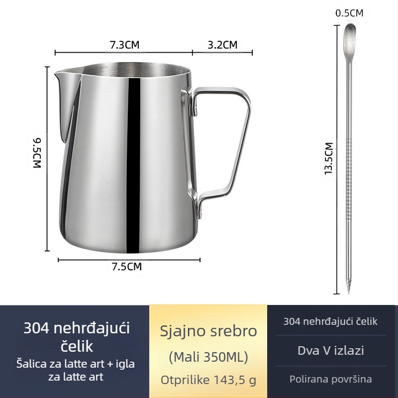 Latte art čašica za mućenje mlijeka, nehrđajući čelik, moderni minimalistički stil, ručna izrada, pogodna za barove, kafiće i restorane