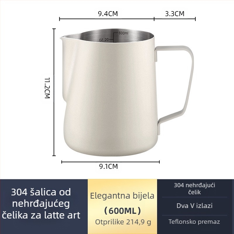 Latte art čašica za mućenje mlijeka, nehrđajući čelik, moderni minimalistički stil, ručna izrada, pogodna za barove, kafiće i restorane