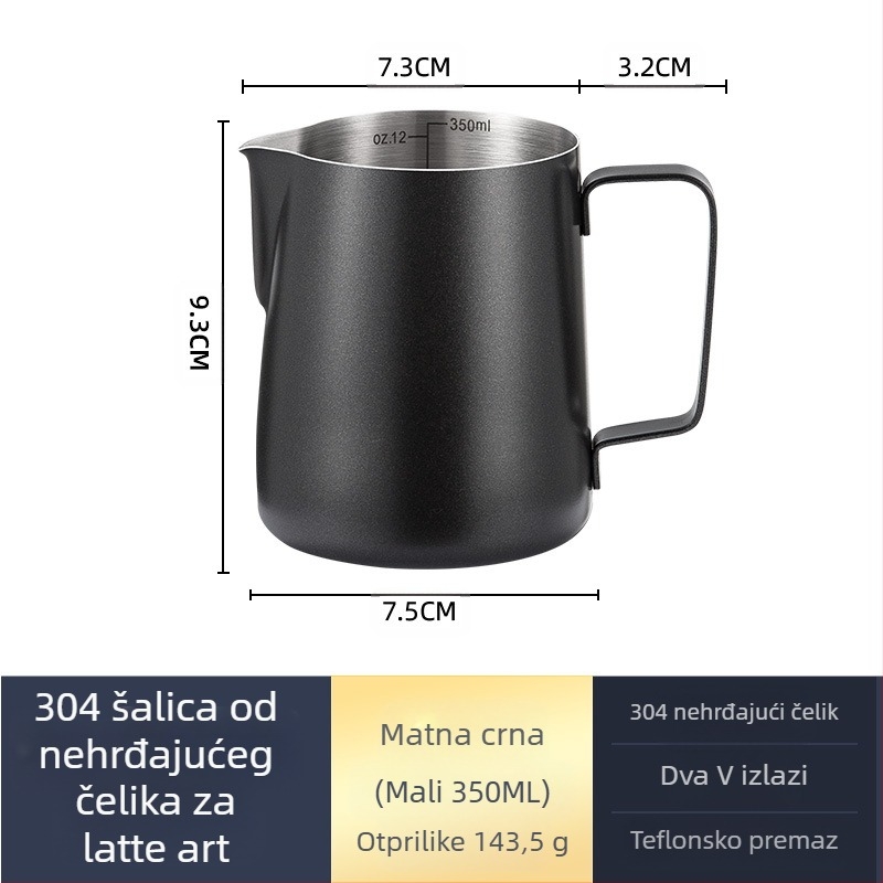 Latte art čašica za mućenje mlijeka, nehrđajući čelik, moderni minimalistički stil, ručna izrada, pogodna za barove, kafiće i restorane
