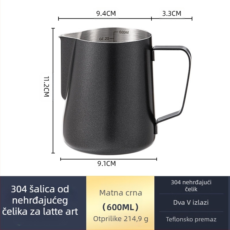 Latte art čašica za mućenje mlijeka, nehrđajući čelik, moderni minimalistički stil, ručna izrada, pogodna za barove, kafiće i restorane