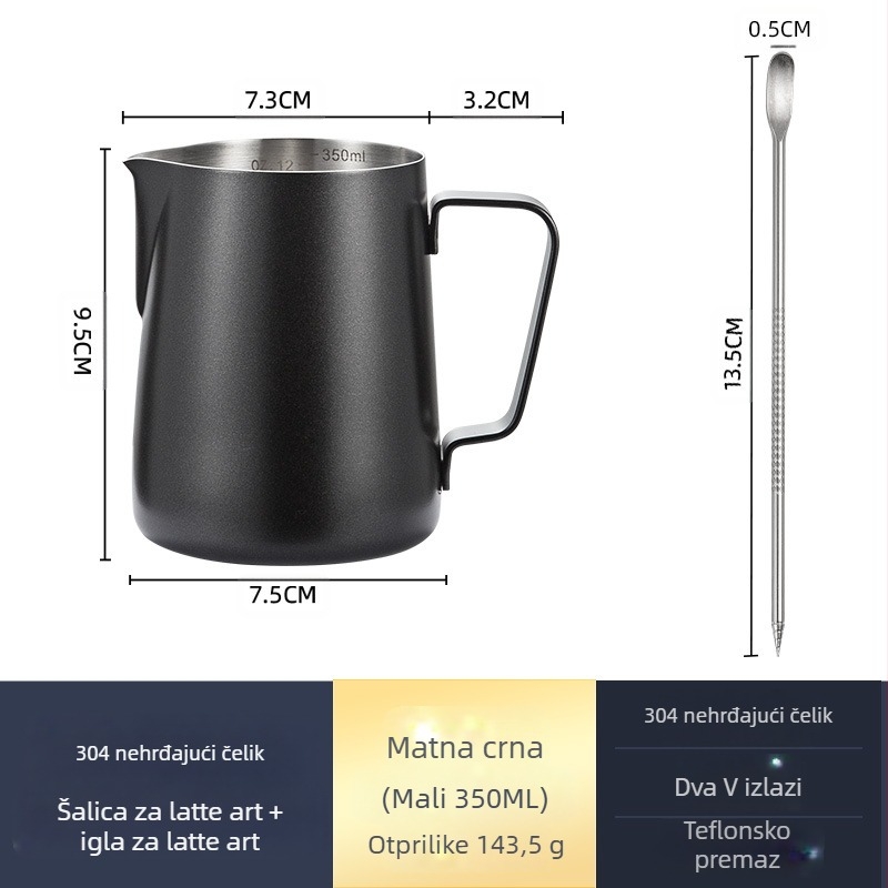 Latte art čašica za mućenje mlijeka, nehrđajući čelik, moderni minimalistički stil, ručna izrada, pogodna za barove, kafiće i restorane