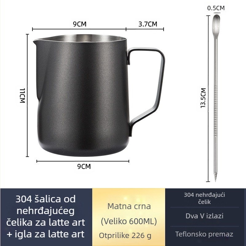 Latte art čašica za mućenje mlijeka, nehrđajući čelik, moderni minimalistički stil, ručna izrada, pogodna za barove, kafiće i restorane