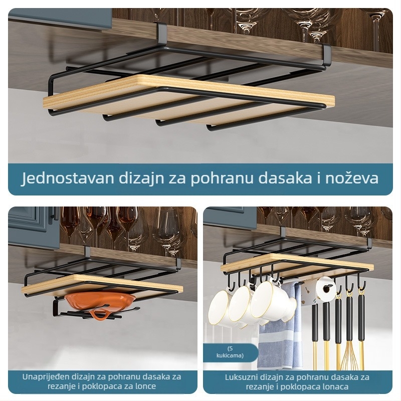 Stalak za poklopce, nože i daske za rezanje — kuhinjski stalak bez montaže, nehrđajući čelik, japanski stil, dvostruki sloj, kuka