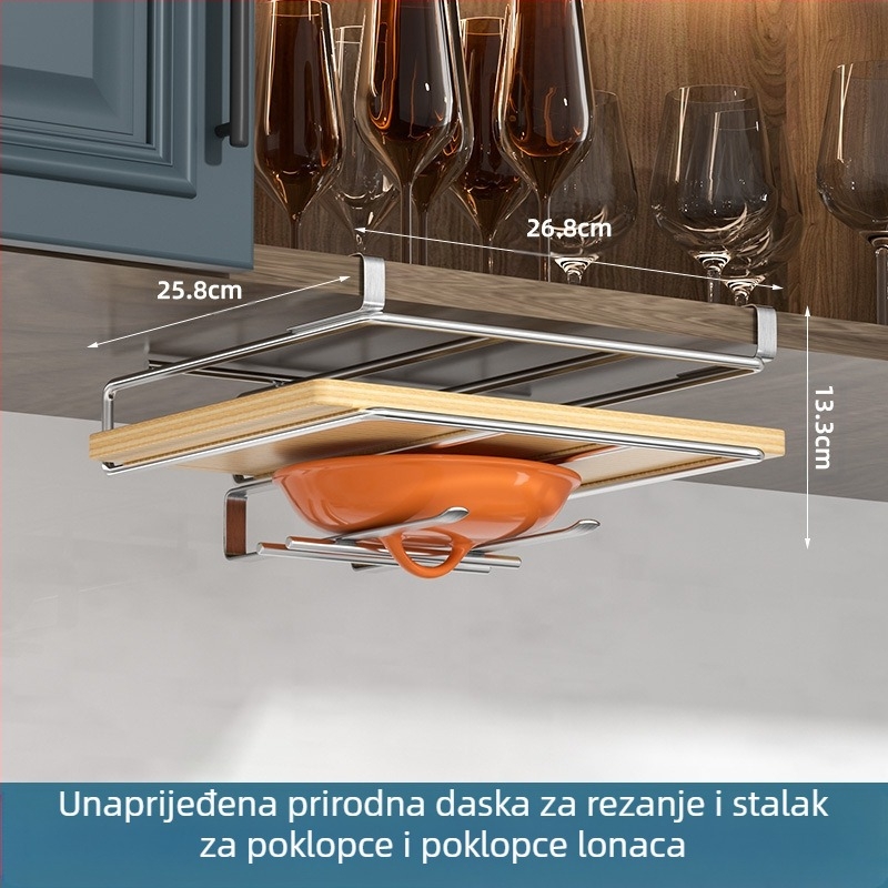 Stalak za poklopce, nože i daske za rezanje — kuhinjski stalak bez montaže, nehrđajući čelik, japanski stil, dvostruki sloj, kuka