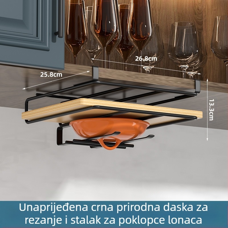 Stalak za poklopce, nože i daske za rezanje — kuhinjski stalak bez montaže, nehrđajući čelik, japanski stil, dvostruki sloj, kuka
