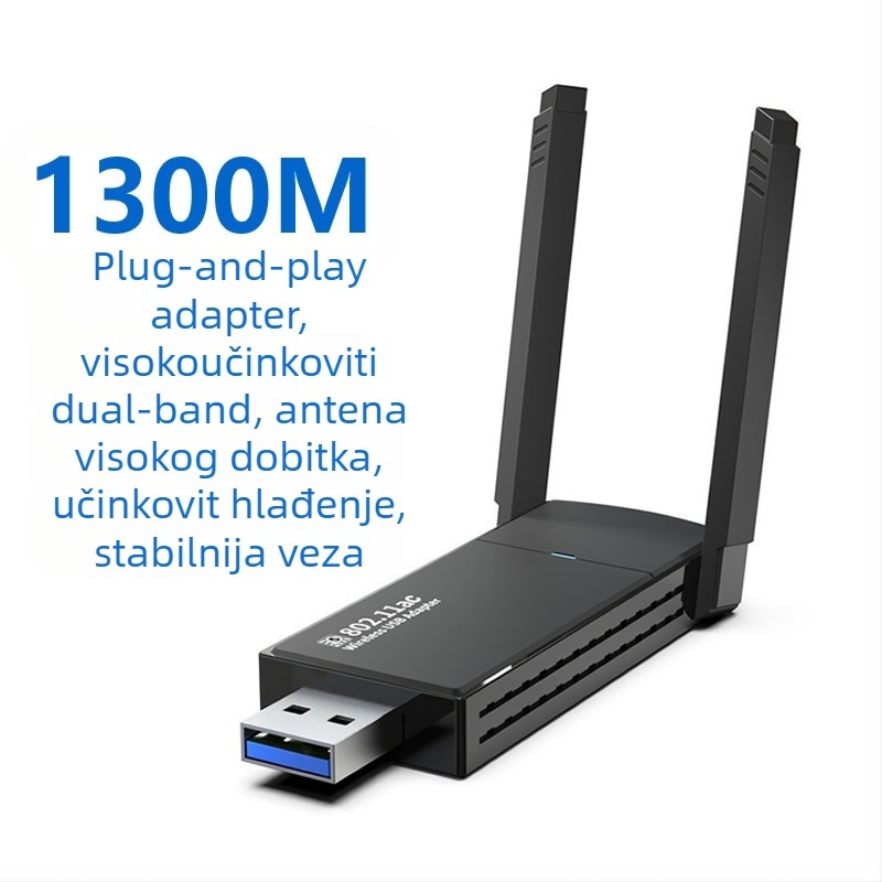 USB Wi-Fi adapter 1300 Mbps, dvostruka frekvencija 2.4 GHz/5.8 GHz, 802.11b/g/n, bez upravljačkog programa