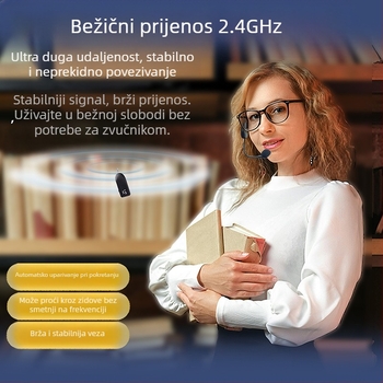 Headset mikrofon za konferencije s ugrađenom baterijom 300–500 mAh, superkardioidni prijem, frekvencijski raspon 100 Hz–20 kHz, SNR ≥75 dB