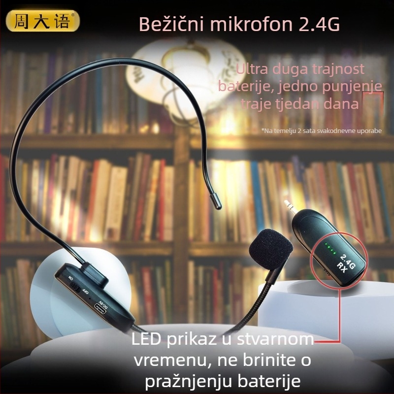 Headset mikrofon za konferencije s ugrađenom baterijom 300–500 mAh, superkardioidni prijem, frekvencijski raspon 100 Hz–20 kHz, SNR ≥75 dB