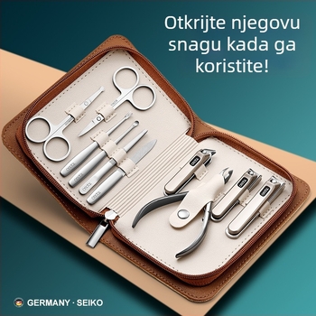 BTCLNTOS Luksuzni set za nokte s kliještima, prijenosni kućni stil s kutijom; materijali: nehrđajući čelik, karbonski čelik, cinkovo-aluminijski spoj; tisak loga