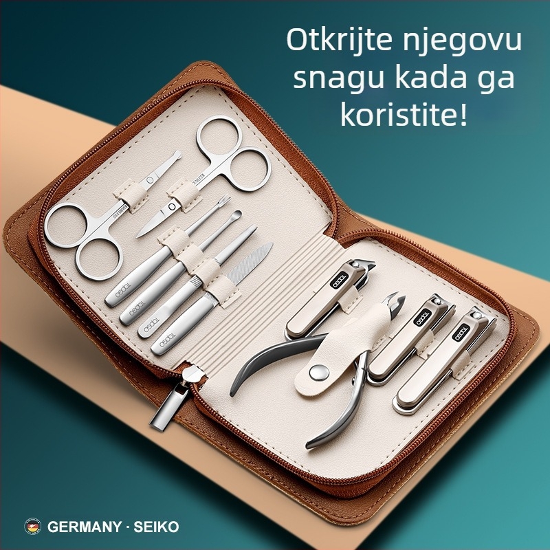 BTCLNTOS Luksuzni set za nokte s kliještima, prijenosni kućni stil s kutijom; materijali: nehrđajući čelik, karbonski čelik, cinkovo-aluminijski spoj; tisak loga