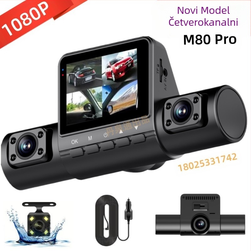 M80 Pro dash cam s 4 leće, infracrveno snimanje, 1080p, 170° kut gledanja, 2,0-inčni zaslon