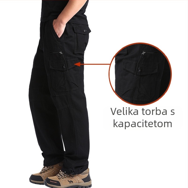 Muške casual radne hlače, širokog kroja, srednji pojas, zatvarač, ravne nogavice, više džepova
