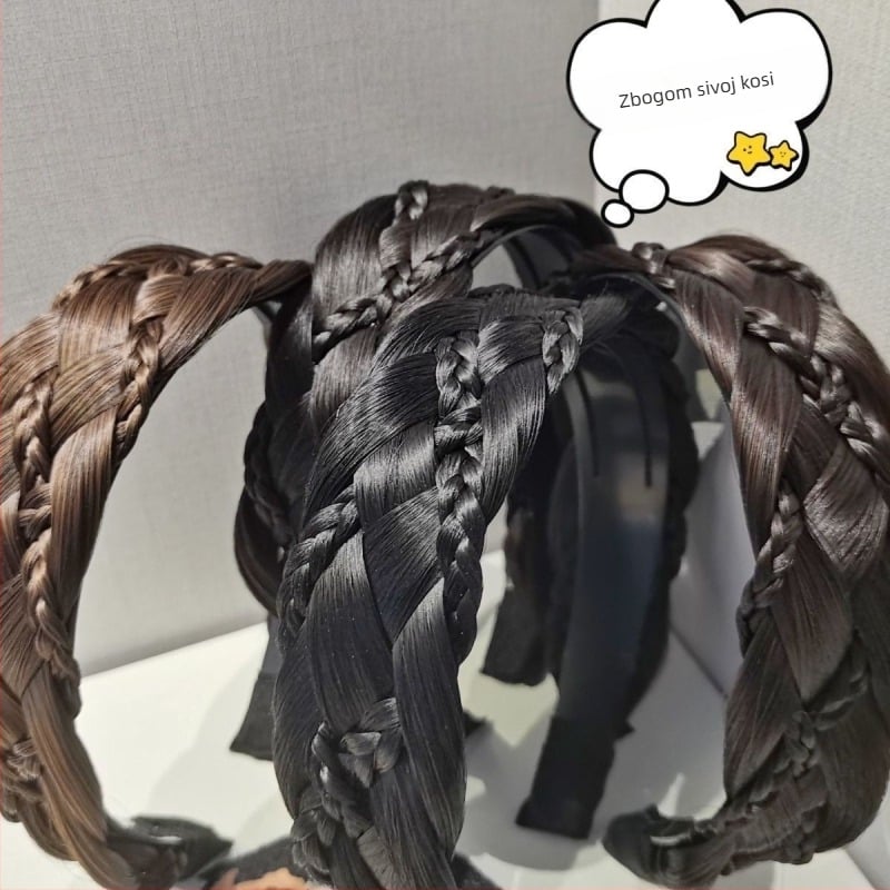 Traka za glavu s wig-om proširenim pojasom, pahuljasti Shifu pleteni stil, kratka duljina za žene; materijal: žica visokotemperaturna; model: Gourd braid 03; skriva sijedu kosu i dodaje volumen na vrhu