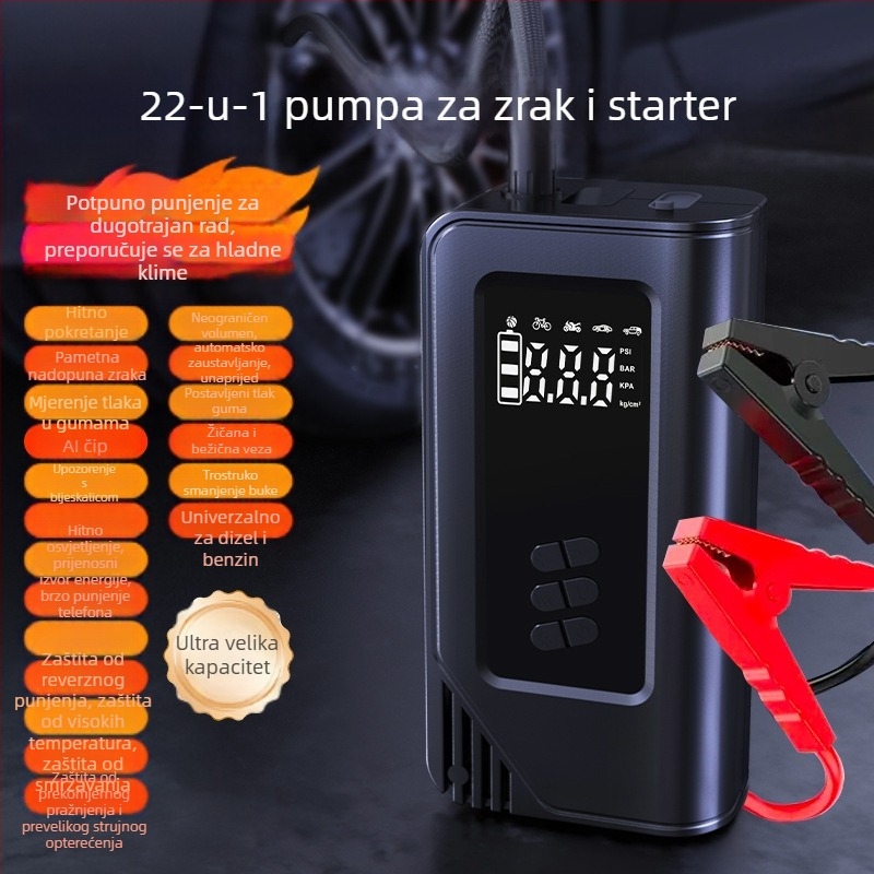 Prijenosna automobilna pumpa za zrak, bežična, s digitalnim zaslonom, osvjetljenjem i USB punjenjem — 14.8V, do 80W, 30 L/min