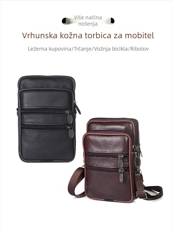 Torba za mobitel od prave kože, koža prvog sloja, uspravni kvadratni oblik, za muškarce, poliesterska podstava, slobodno vrijeme