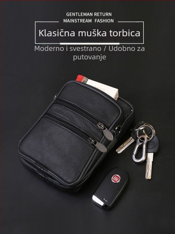 Torba za mobitel od prave kože, koža prvog sloja, uspravni kvadratni oblik, za muškarce, poliesterska podstava, slobodno vrijeme