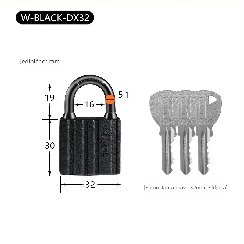 Kućna brava padlock - bakreno tijelo, vodootporna, mat završna obrada; Model W-BLACK-DX; Marka OPEL; Namjena: ormari, vrata prostorija, skladišta