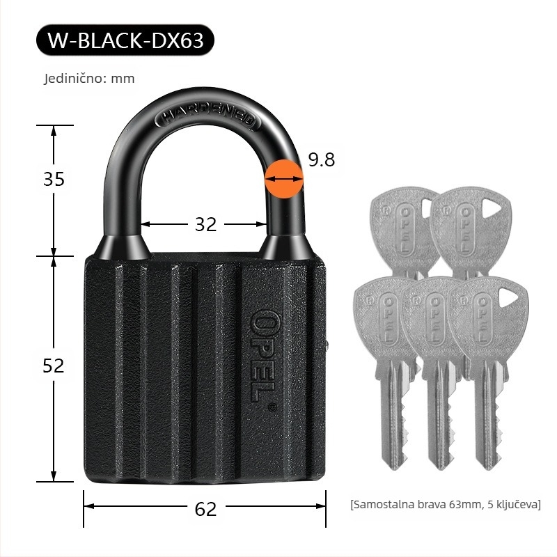 Kućna brava padlock - bakreno tijelo, vodootporna, mat završna obrada; Model W-BLACK-DX; Marka OPEL; Namjena: ormari, vrata prostorija, skladišta