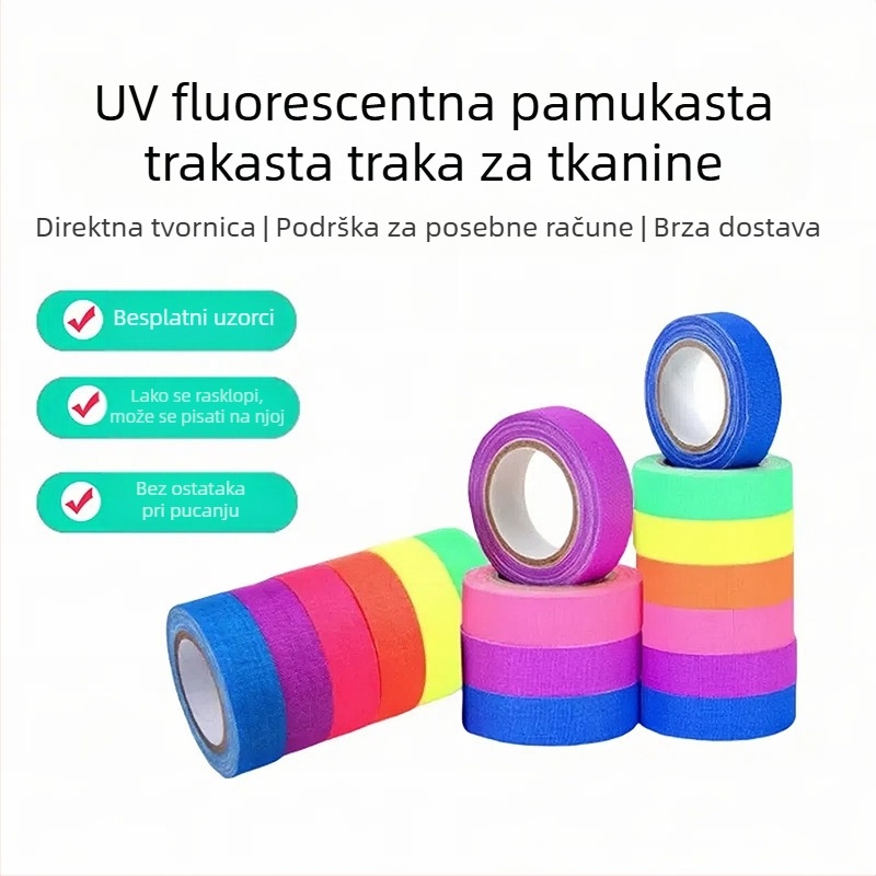 UV fluorescencijska tkaninska traka – podloga: platno, debljina 0,28 mm, ljepilo na bazi gume, dugotrajna temperaturna izdržljivost 60°C, dobra trhljivost
