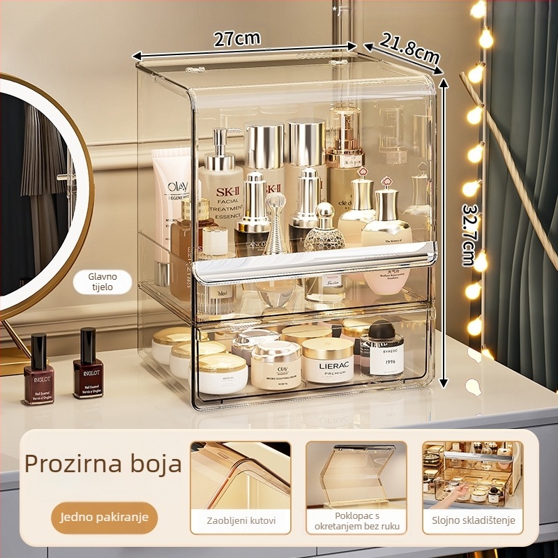 PET kozmetička kutija za pohranu, višeslojna s pretincima, prašootporan poklopac, za toaletni stol u spavaćoj sobi