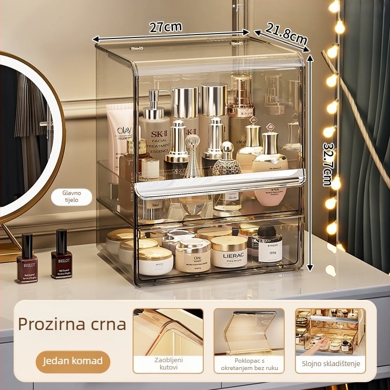 PET kozmetička kutija za pohranu, višeslojna s pretincima, prašootporan poklopac, za toaletni stol u spavaćoj sobi