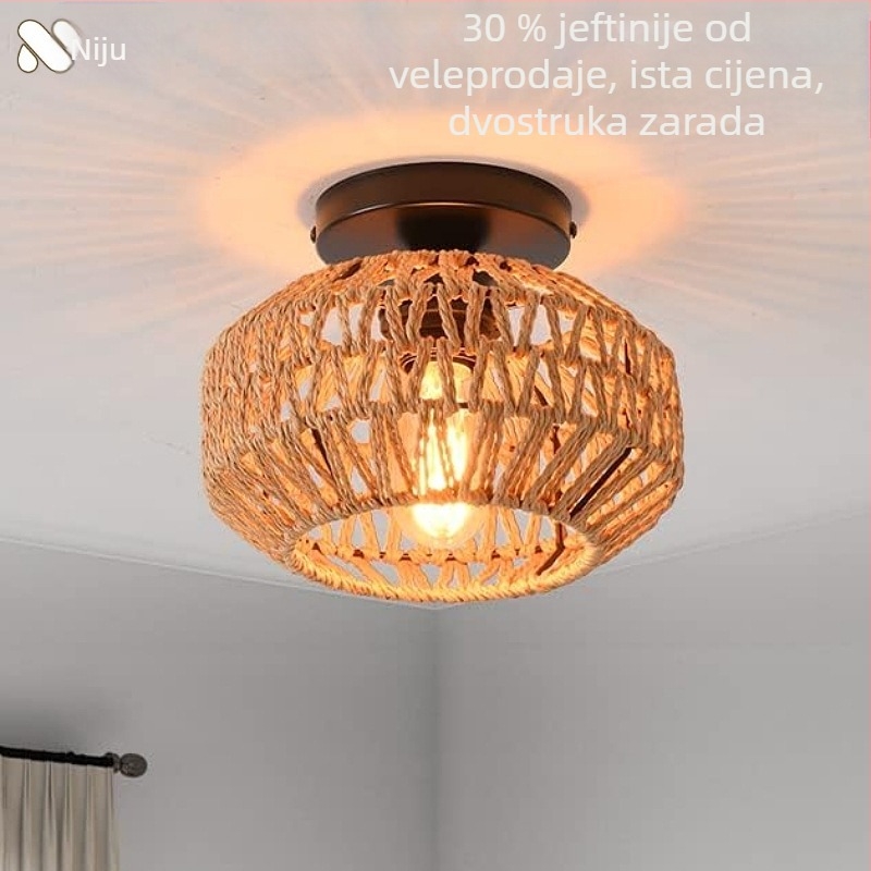 Boemska minimalistička plafonjera s rotangovim sjenilom za hodnik i dnevni prostor; LED, nisko napajanje ≤36V, pokrivenost 15–30㎡, metalno tijelo