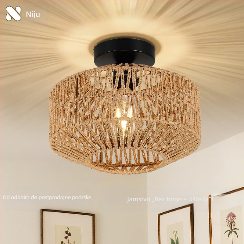 Boemska minimalistička plafonjera s rotangovim sjenilom za hodnik i dnevni prostor; LED, nisko napajanje ≤36V, pokrivenost 15–30㎡, metalno tijelo