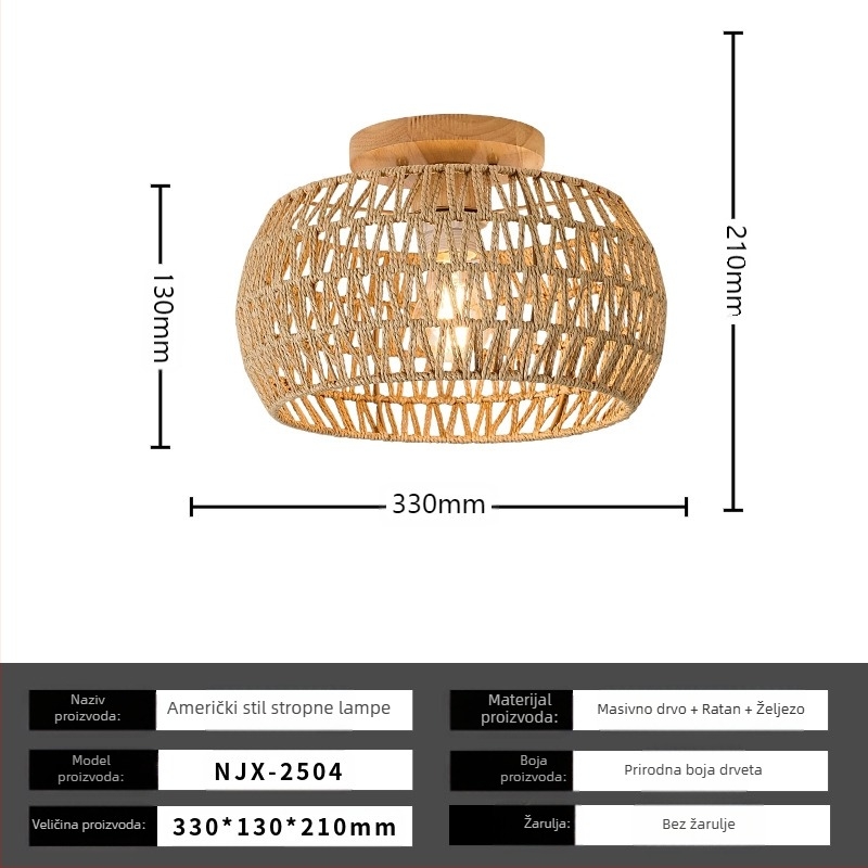 Boemska minimalistička plafonjera s rotangovim sjenilom za hodnik i dnevni prostor; LED, nisko napajanje ≤36V, pokrivenost 15–30㎡, metalno tijelo