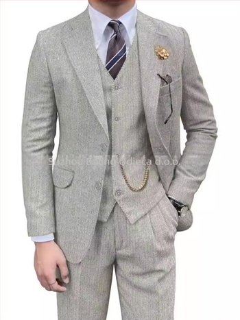 Muški sako od tweeda s uzorkom riblje kosti, slim-fit, tri dijela, plosati rever i dva gumba