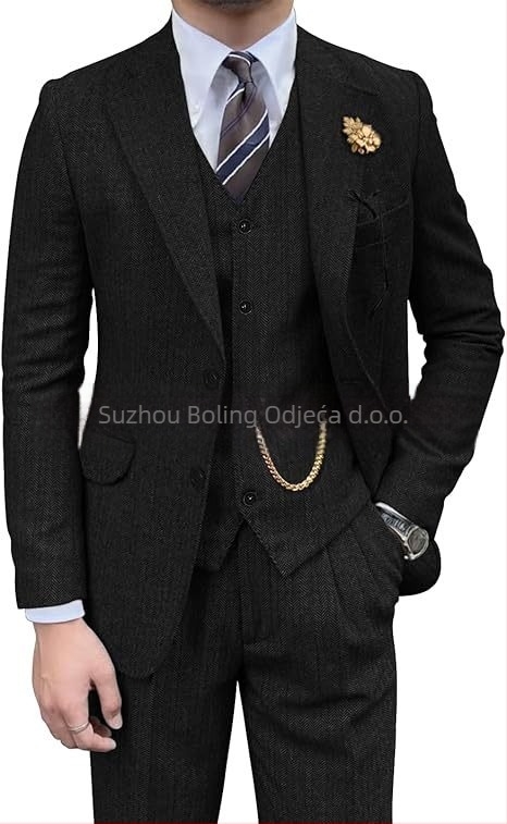 Muški sako od tweeda s uzorkom riblje kosti, slim-fit, tri dijela, plosati rever i dva gumba
