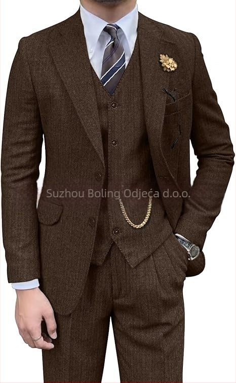 Muški sako od tweeda s uzorkom riblje kosti, slim-fit, tri dijela, plosati rever i dva gumba