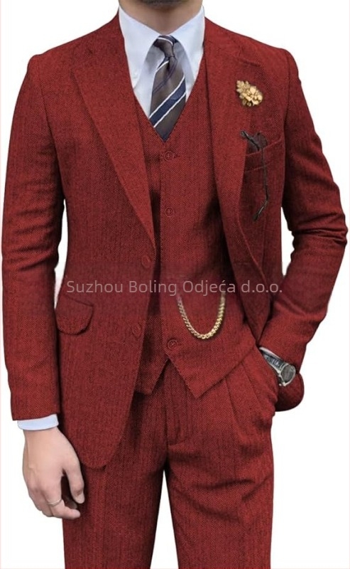 Muški sako od tweeda s uzorkom riblje kosti, slim-fit, tri dijela, plosati rever i dva gumba