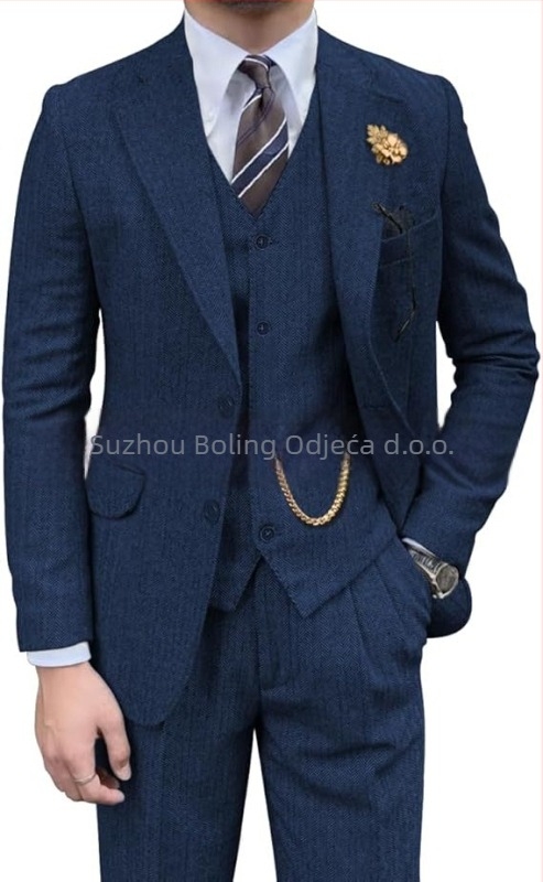 Muški sako od tweeda s uzorkom riblje kosti, slim-fit, tri dijela, plosati rever i dva gumba