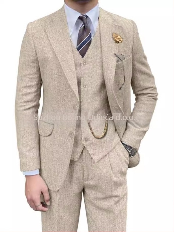 Muški sako od tweeda s uzorkom riblje kosti, slim-fit, tri dijela, plosati rever i dva gumba