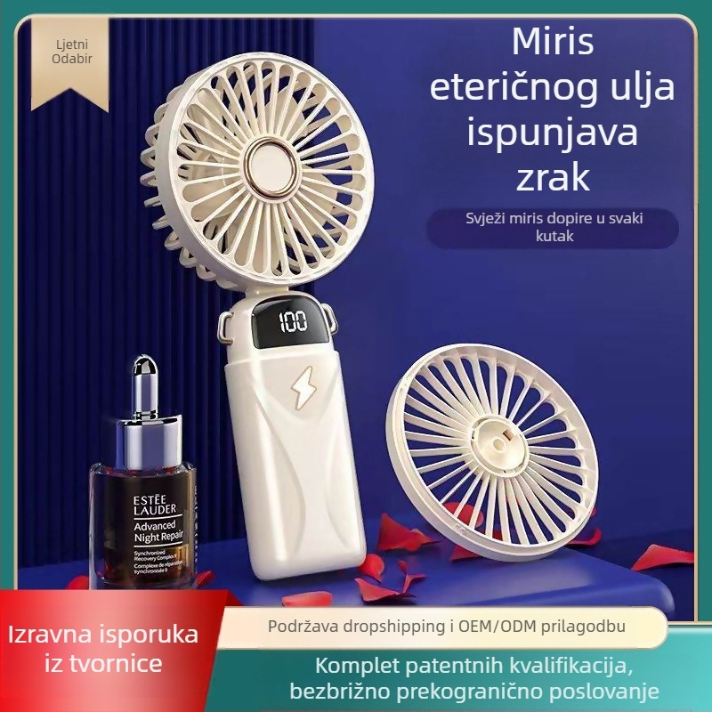 Ručni USB punjivi sklopivi ventilator s 5 lopatica, 5 brzina, izmjenjiva baterija 1000–1200 mAh, buka 45–50 dB