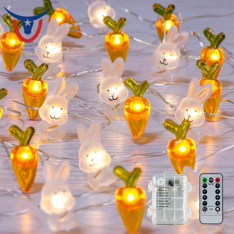 Uskrsna lančić svjetla sa zecom i mrkvom, duljina 3 m, 40 LED, IP44, daljinsko upravljanje i pretinac za baterije, topla svjetlost 2300K